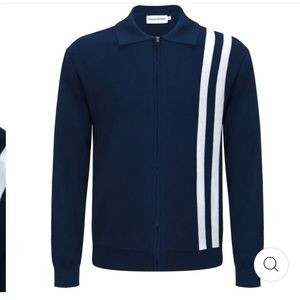 OXKNIT Dark Blue Knitted Zip Cardigan with Double White Racing Stripes